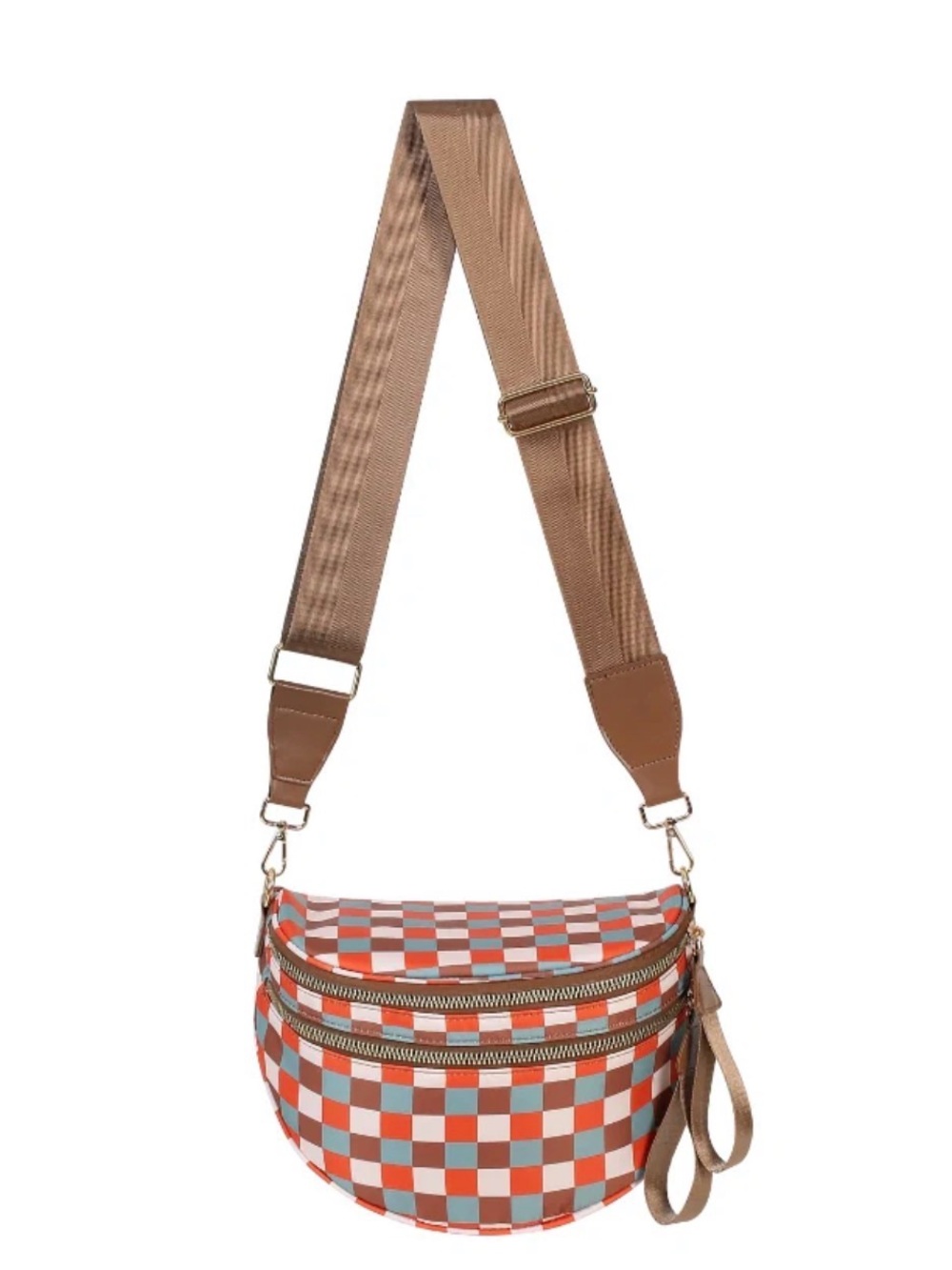 Checkerboard Crossbody Saddle Bag in Brown, Red, and Light Blue